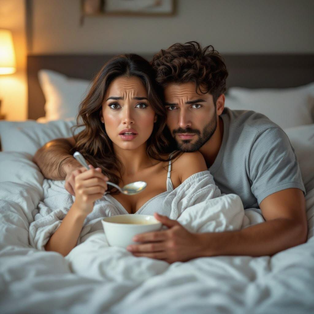 Horrified Woman Spooning in Bed: A Surrealist Portrait