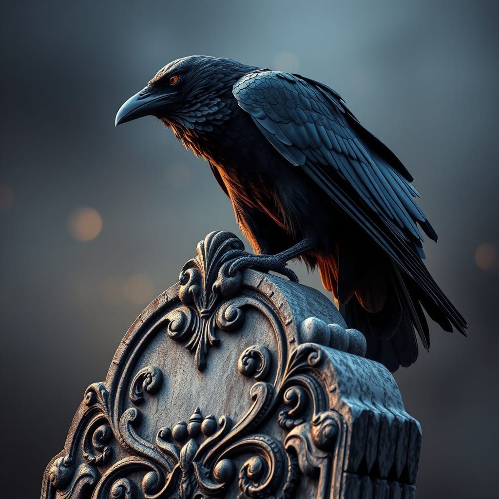 Ethereal Raven Silhouette on Ornate Tombstone