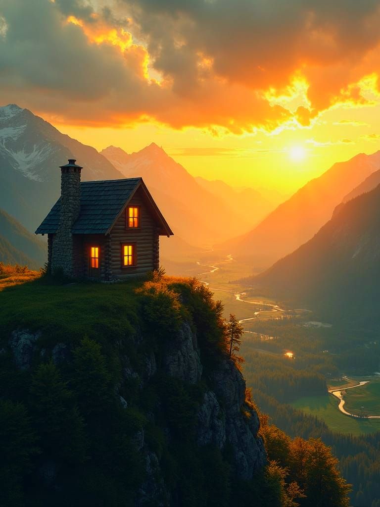 Sunset Cottage on Hill in Golden Light