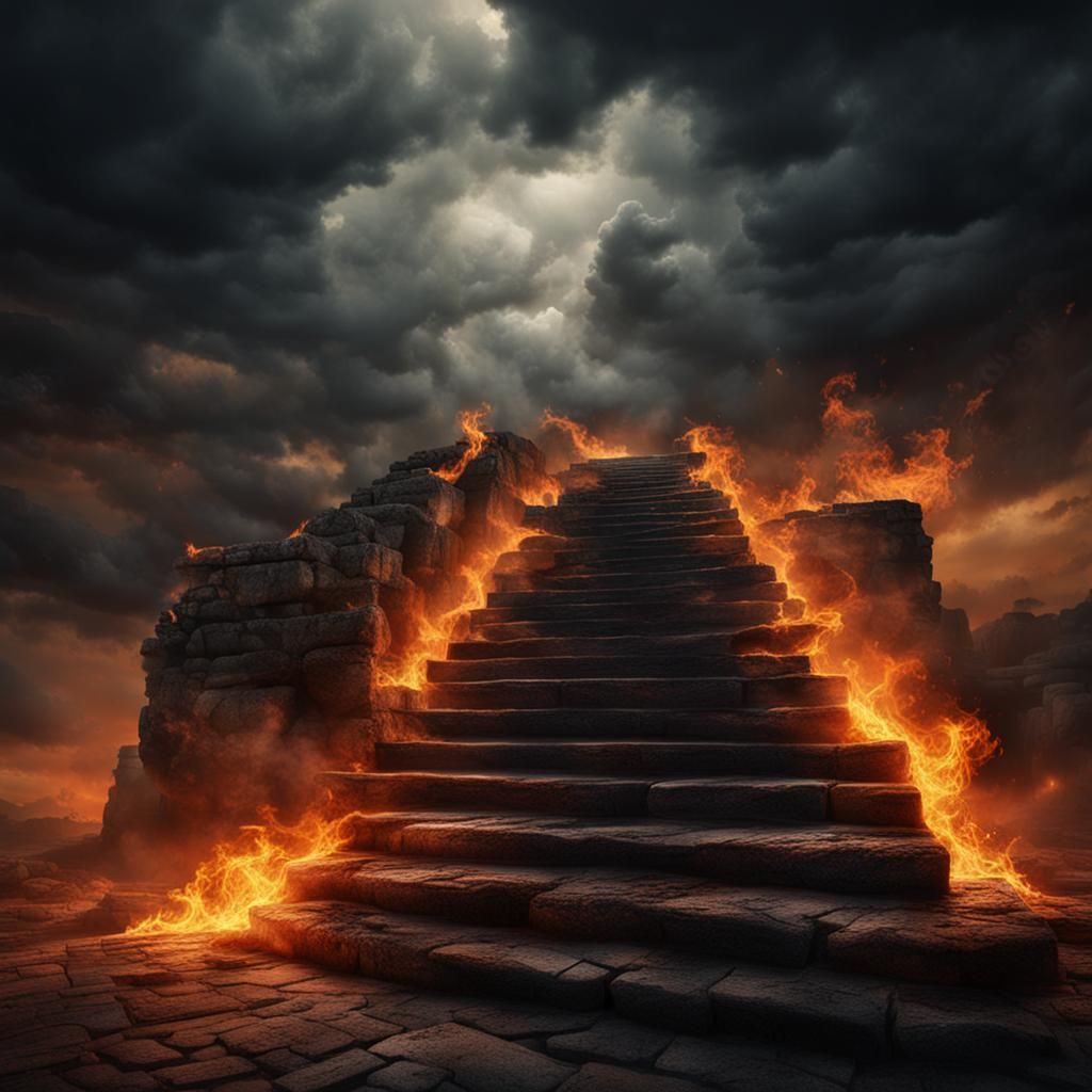 Dramatic Stone Stairs Descending into Flames