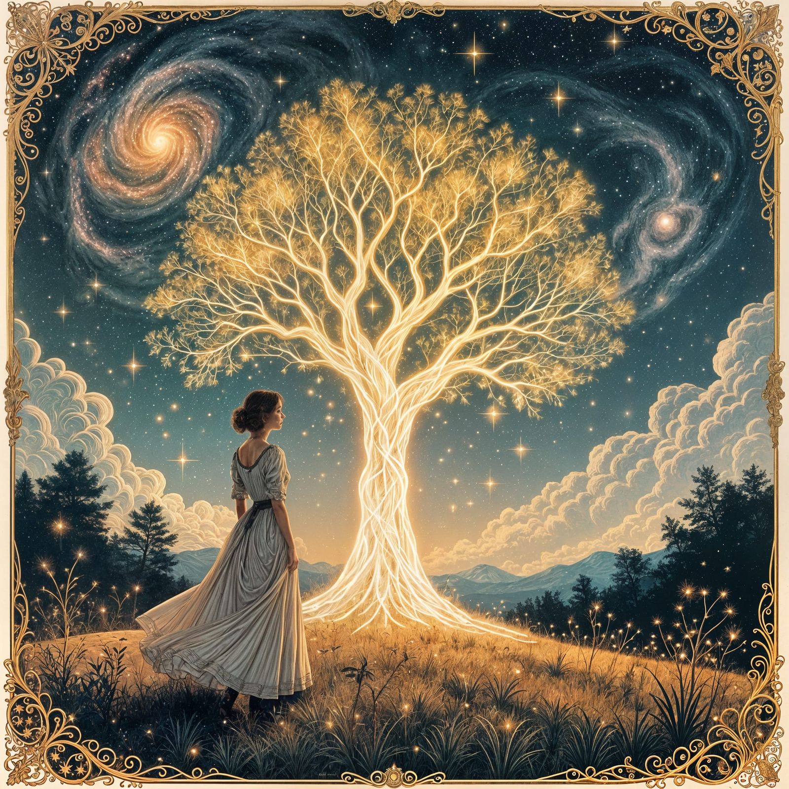 Woman Gazes at Cosmic Fairy Tree in Vintage Style