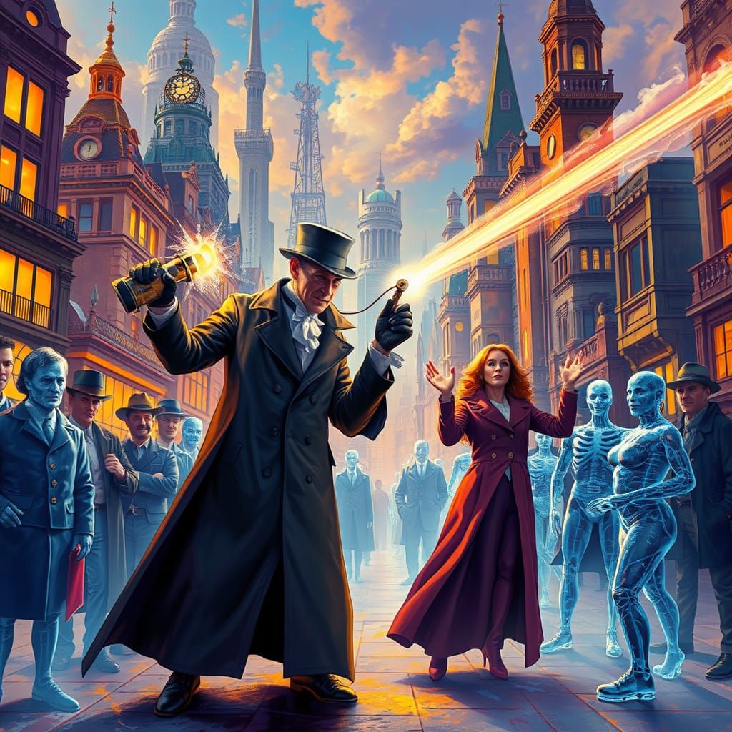 Mad Doctor Freezes City with Magic Ray, Digital Matte Painti...