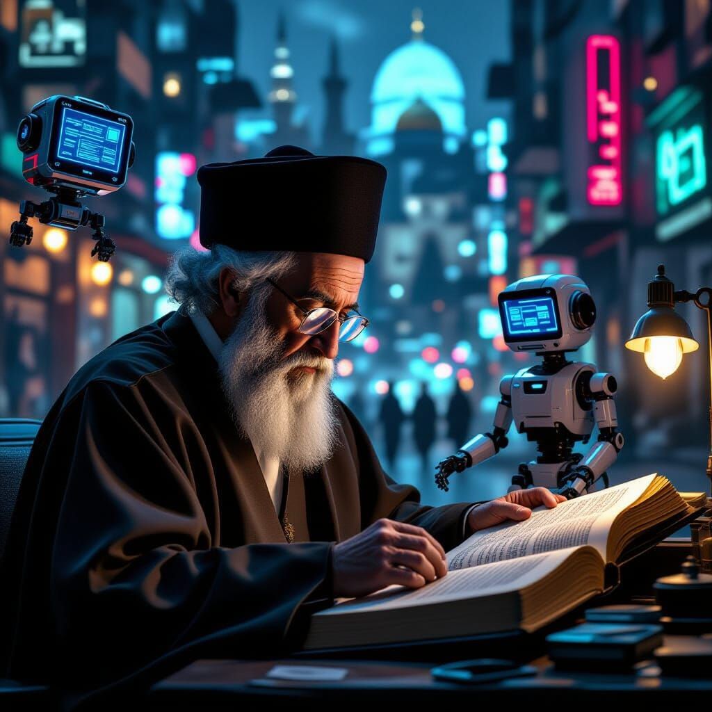 Elderly Rabbi Studies Talmud Amidst Cyberpunk Jerusalem Robo...