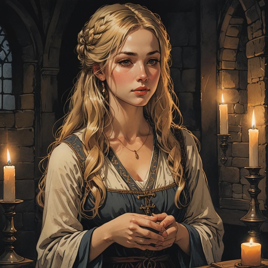 Medieval Woman Praying by Candlelight: Romantic Illustration