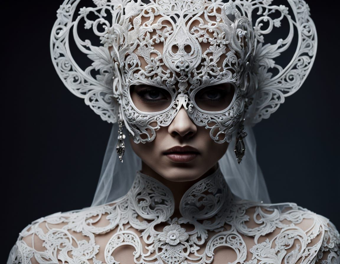 Woman in Flowing Dress Wears Ornate Skull Mask
