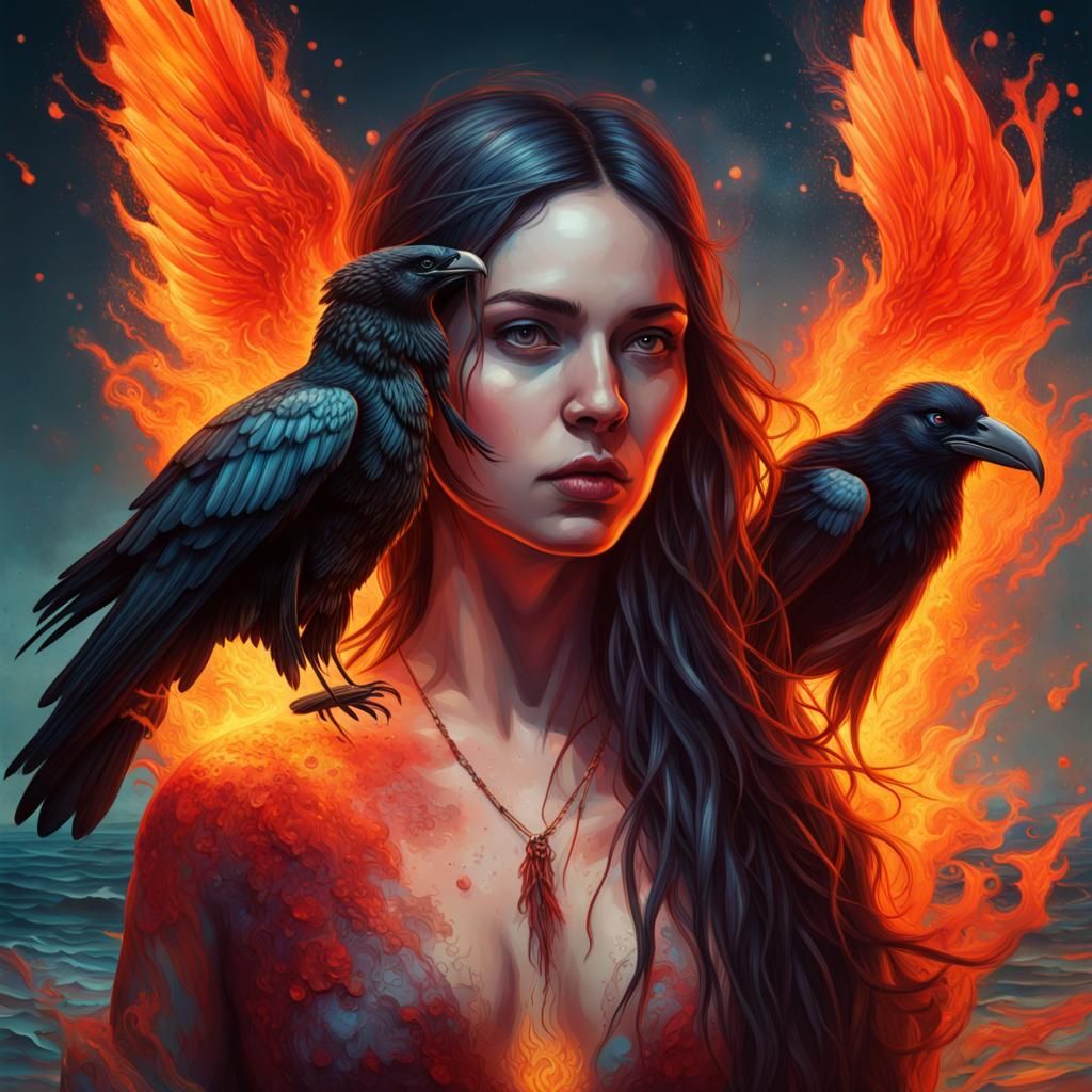 Raven-Winged Woman Walking on Water: Hyperrealistic Art