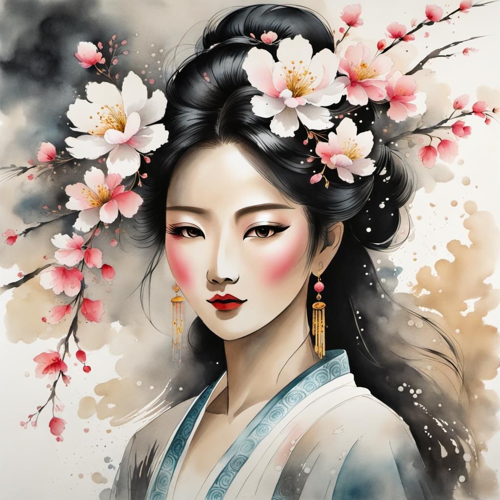 Chinese Goddess with Flowers in Ink Painting Style