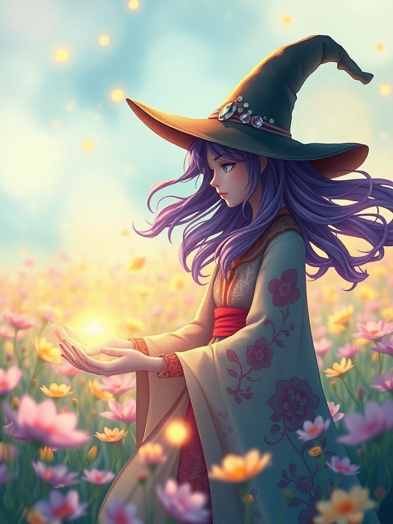 Enchanting Witch Casting Spell in Ghibli Style Landscape