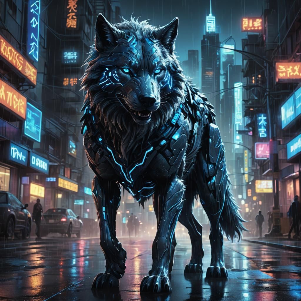 Cyber Wolf in Neon Cityscape Digital Art