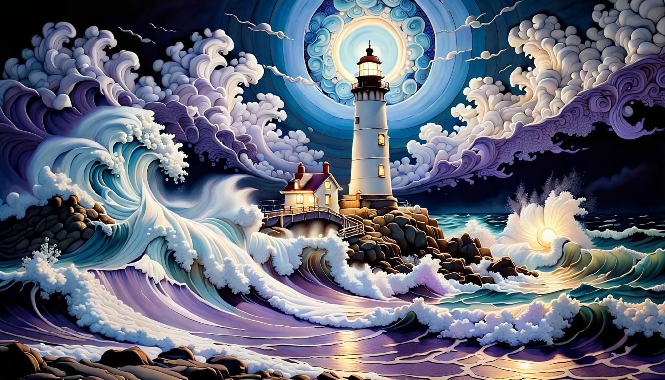 Maxfield Parrish inspired lighthouse beaming in a nighttime ...