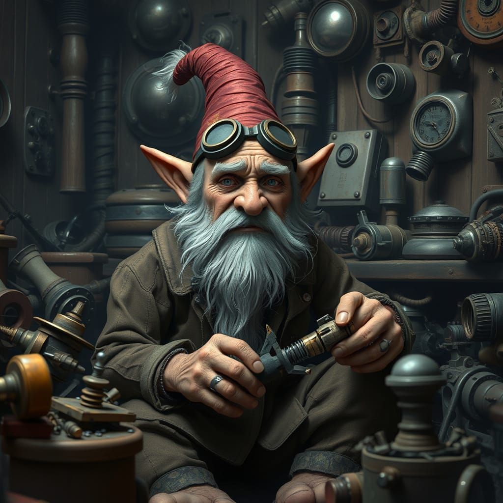 Elderly Gnome Craftsman Lost in Despair Amidst Workshop Chao...