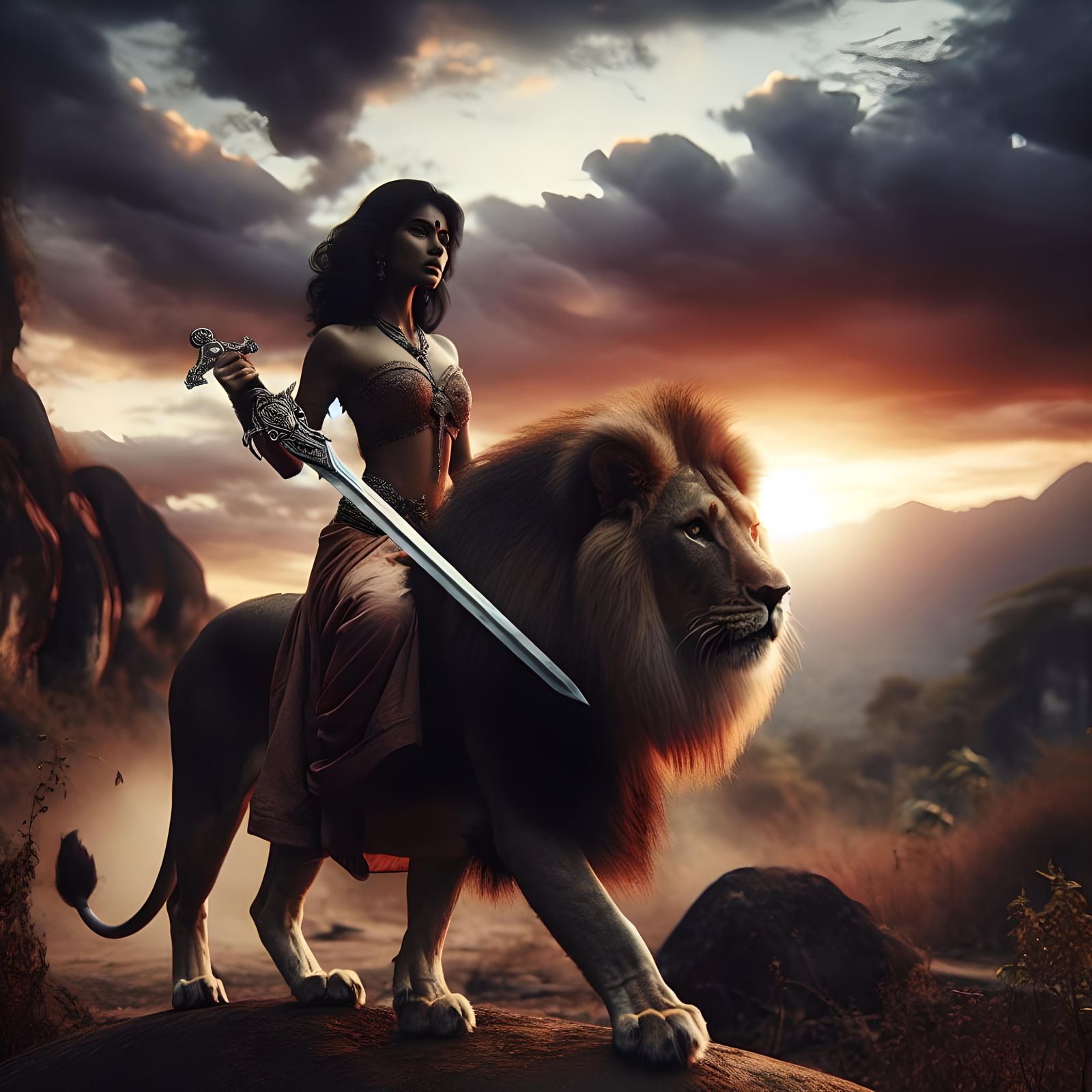 Fierce Woman Warrior on Lion at Dawn