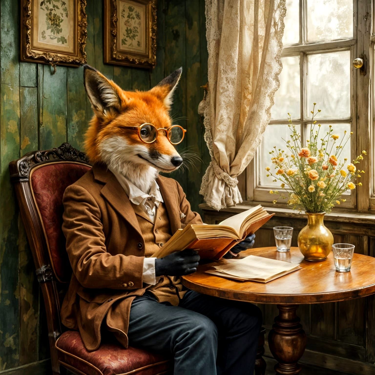 Whimsical Fox in Sunlit Cafe, Gouache Painting