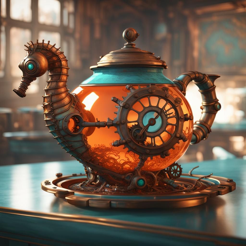 Steampunk Seahorse Teapot: Intricate Ceramic Concept Art