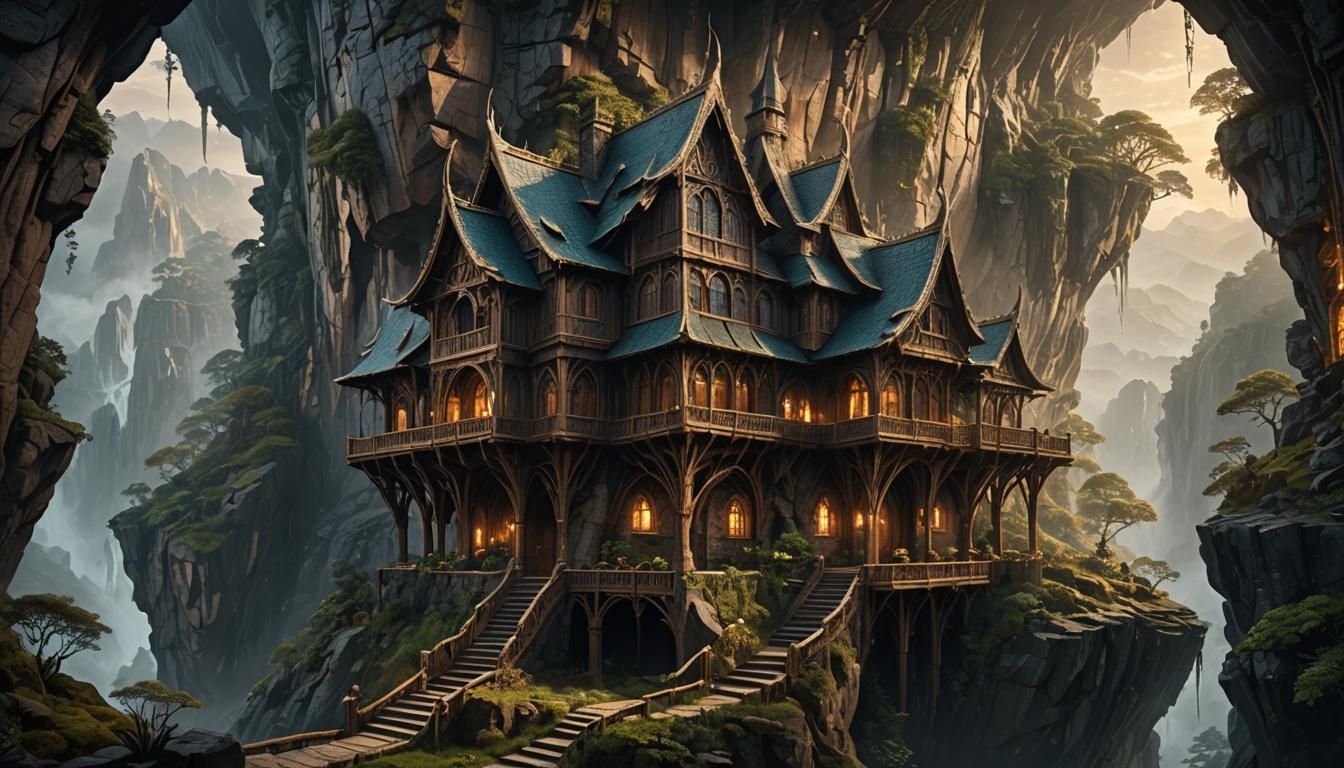 Elven Cliffside Home in Dark Fantasy Style