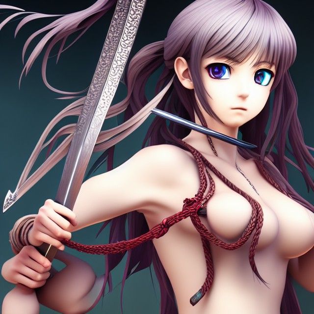 Anime Girl with Sword in Folk Art Style