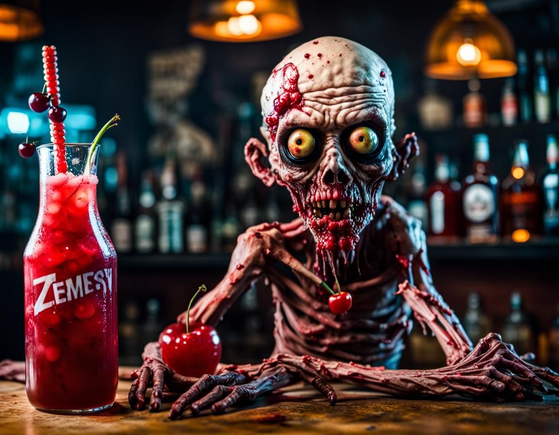 Scary Ripe Cherry Zombie in Post-Apocalyptic Bar