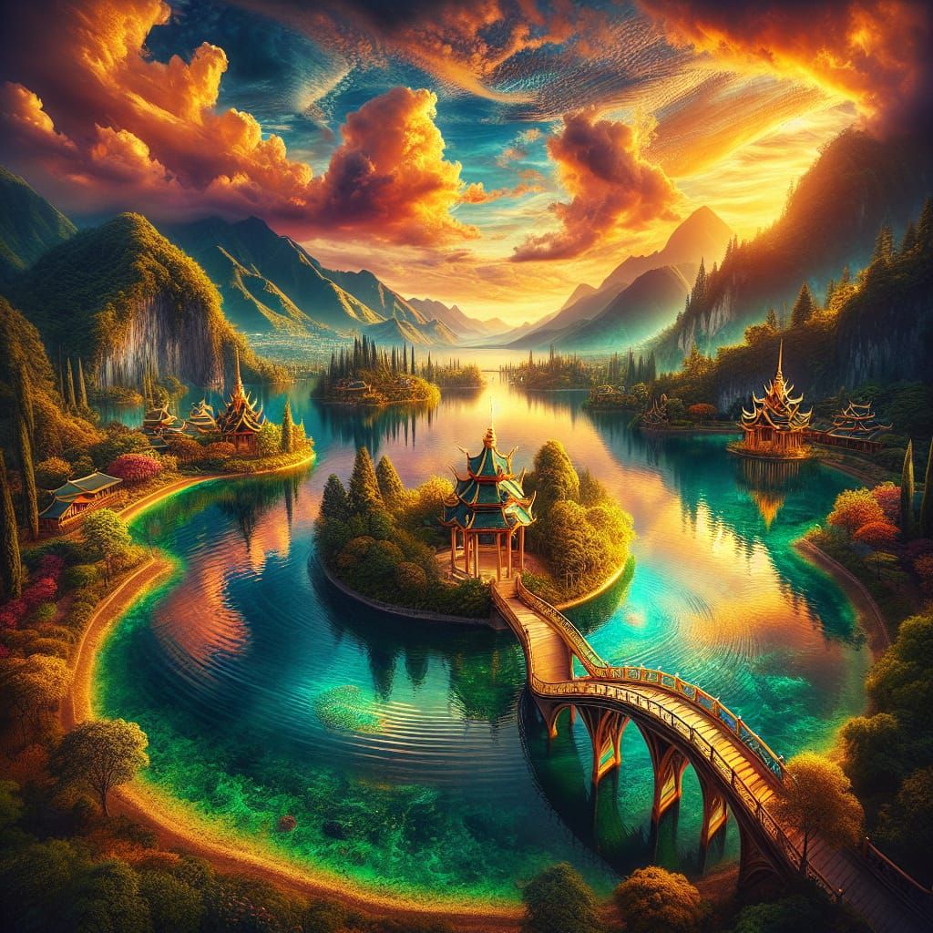 Vibrant Lake Landscape Concept Art with Colorful Sky