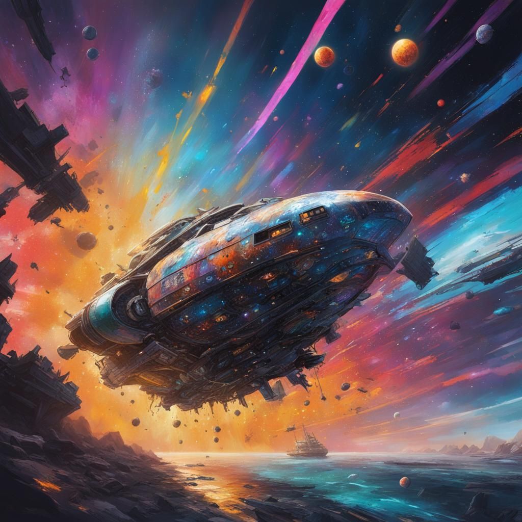 Starship Diving into Combat in Graffiti Art Style