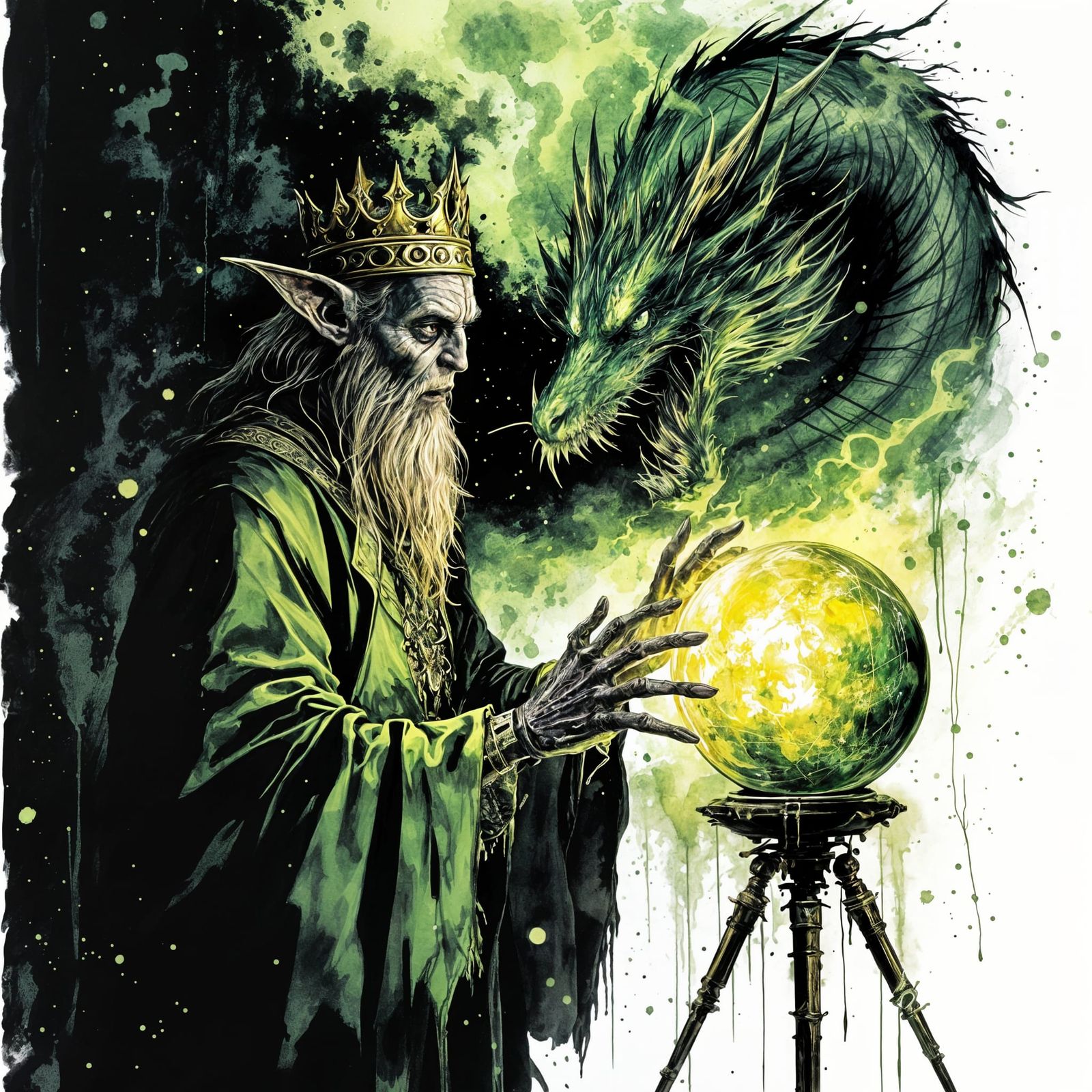 Elf Necromancer and Dragon in D&D Style