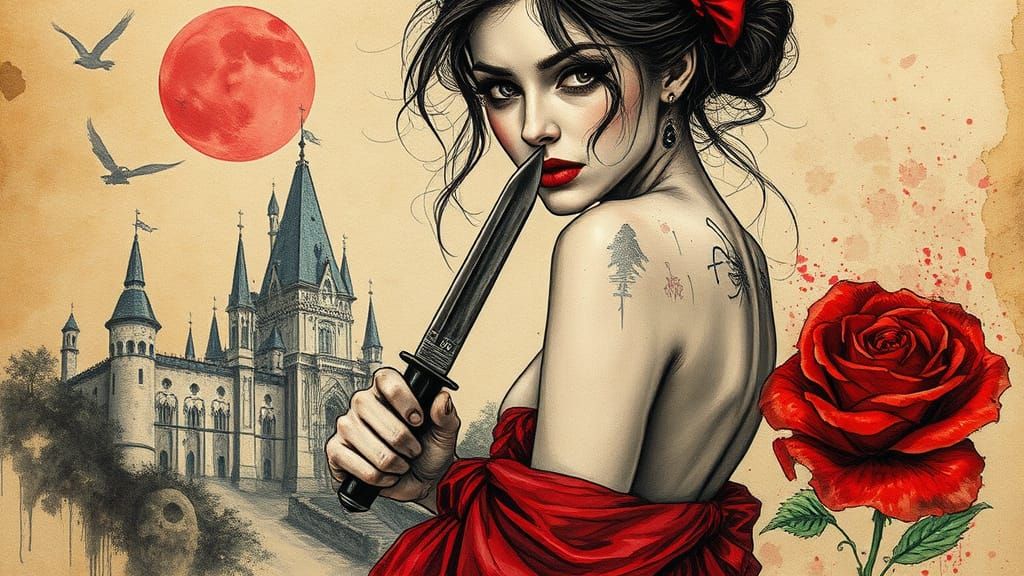 Elegant Vampire Spy: Detailed Portrait in Watercolor Style