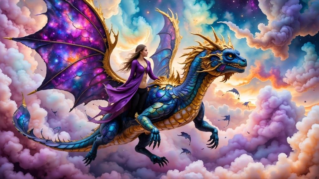 Opal Dragon Soaring Through Rose Clouds