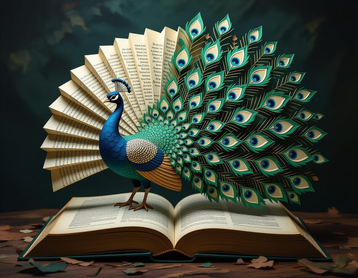 Paper Peacock Emerges from Book: Surreal Scene