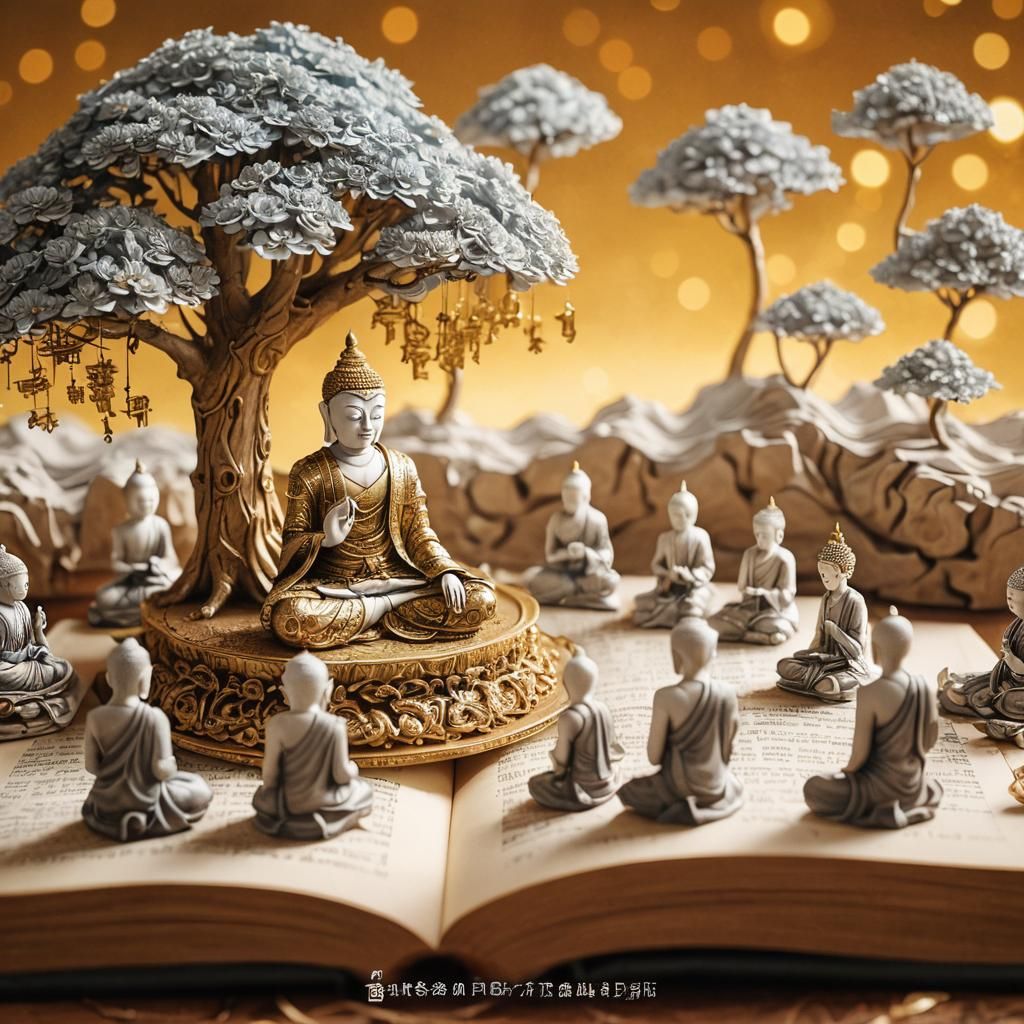 Figurines on Book in Buddhist-Inspired Digital Art