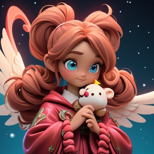 Pixar-Style Cherubic Angel in Vibrant Pink and Christmas Won...