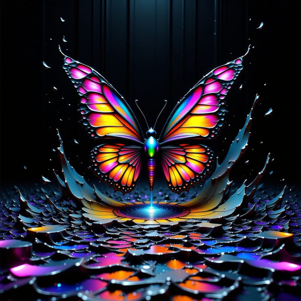 Iridescent Butterfly Emerges from Escher Vortex