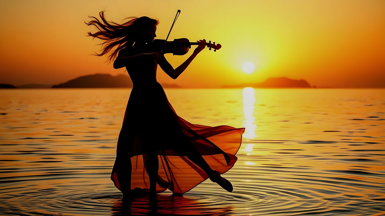 Violinist Lindsey Stirling in Ballet Pose against Sunset