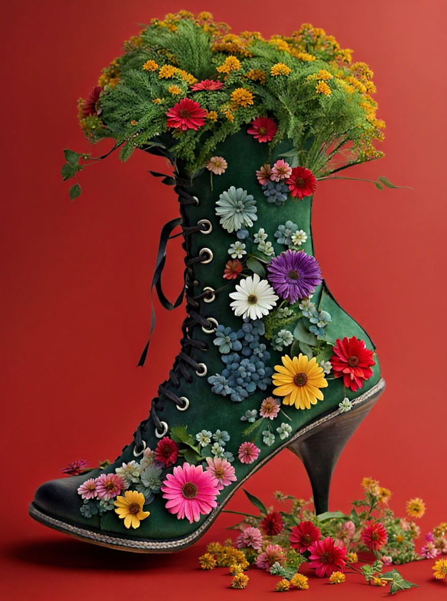 Surreal Shoe Forest: Colorful Flora in High Heel