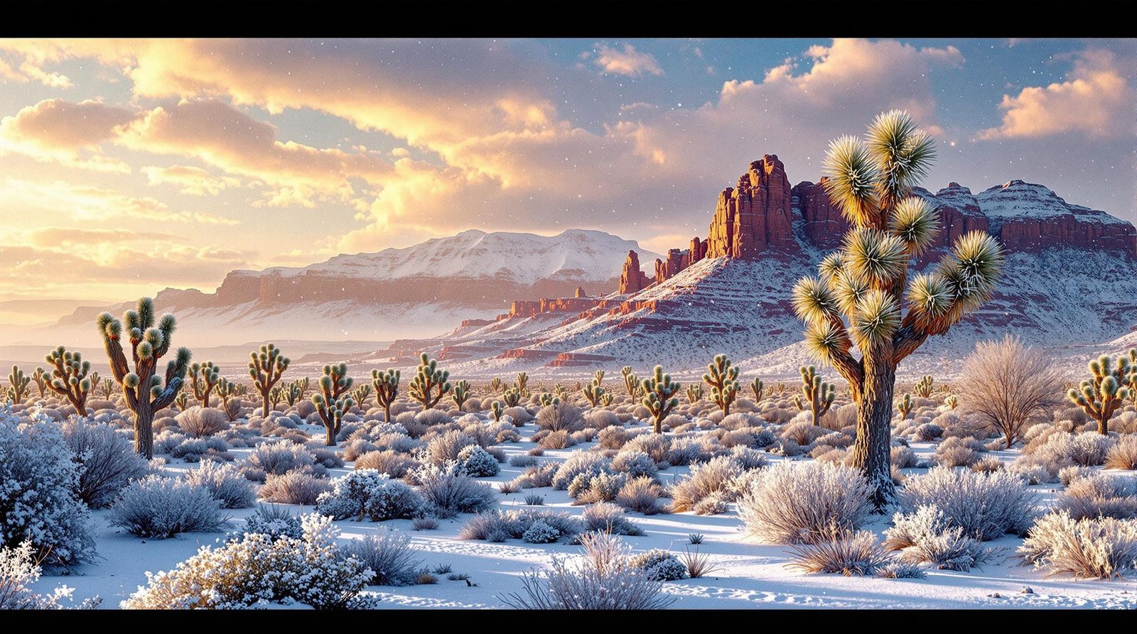 Snowfall in Mojave Desert at Golden Hour
