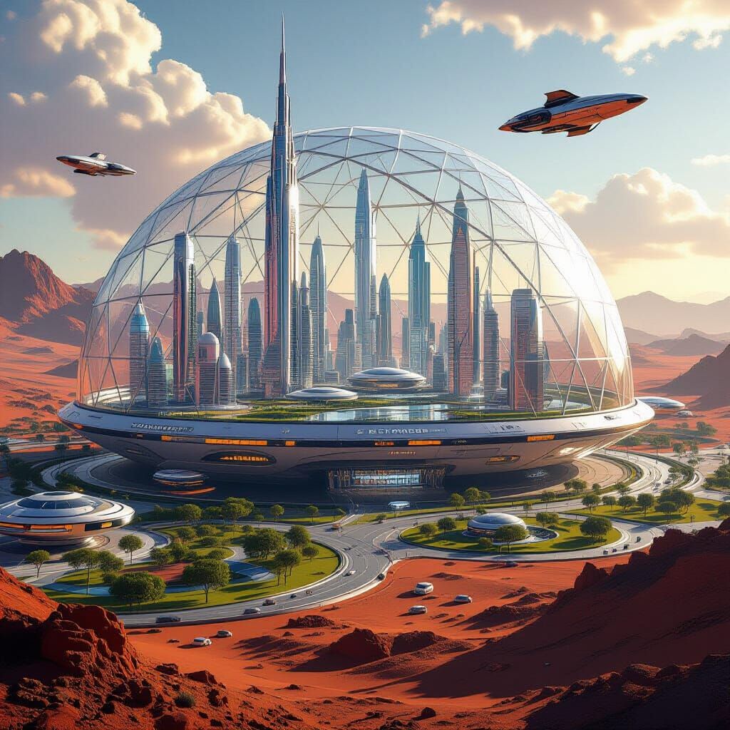 Futuristic Martian City Under a Geodesic Dome