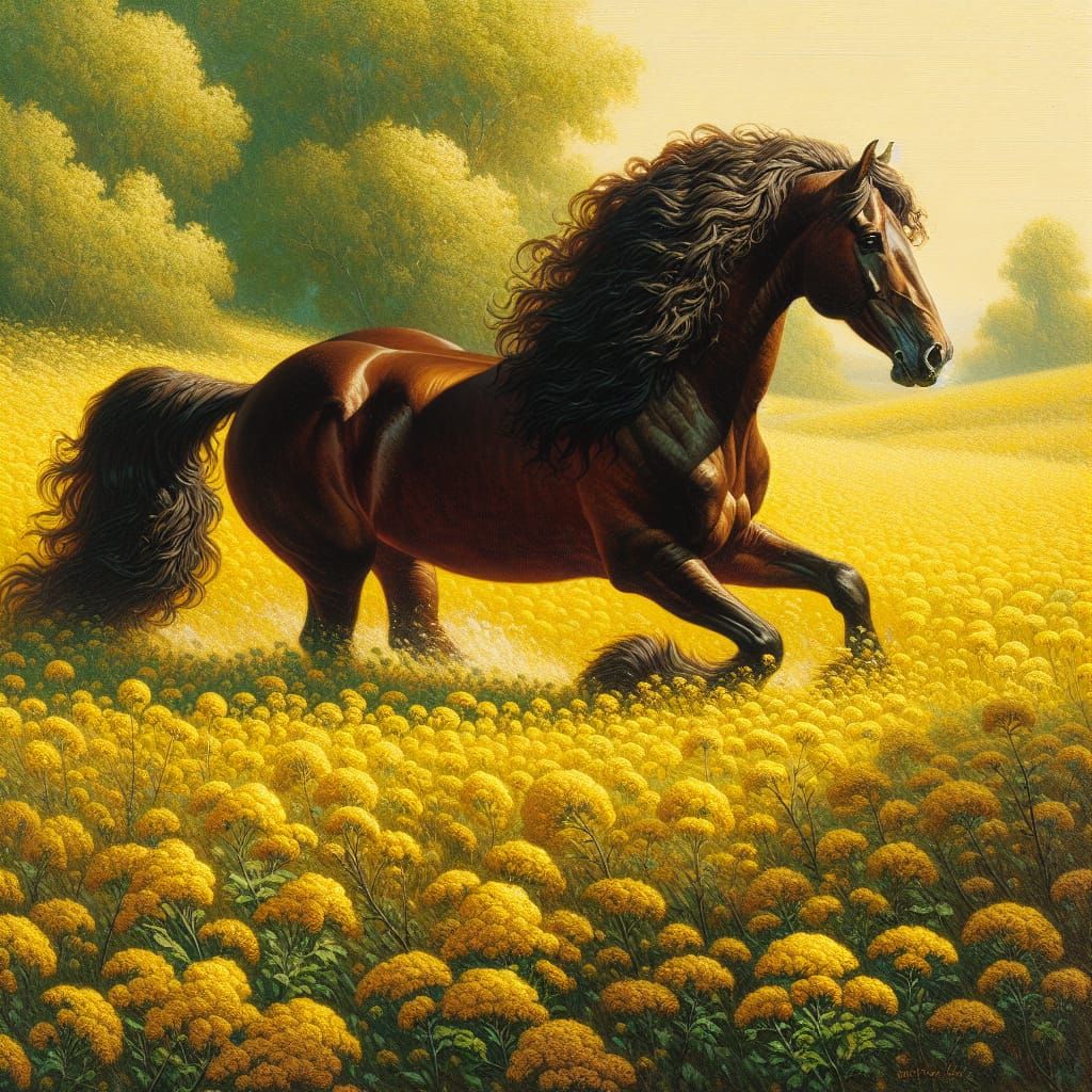 Brown Horse Galloping Through Yellow Wildflower Field