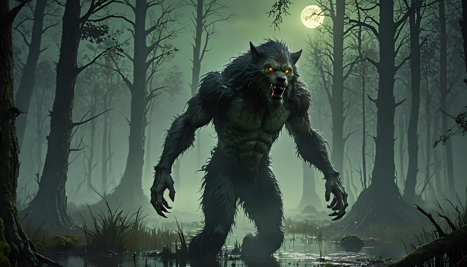 Werewolf in a swamp.