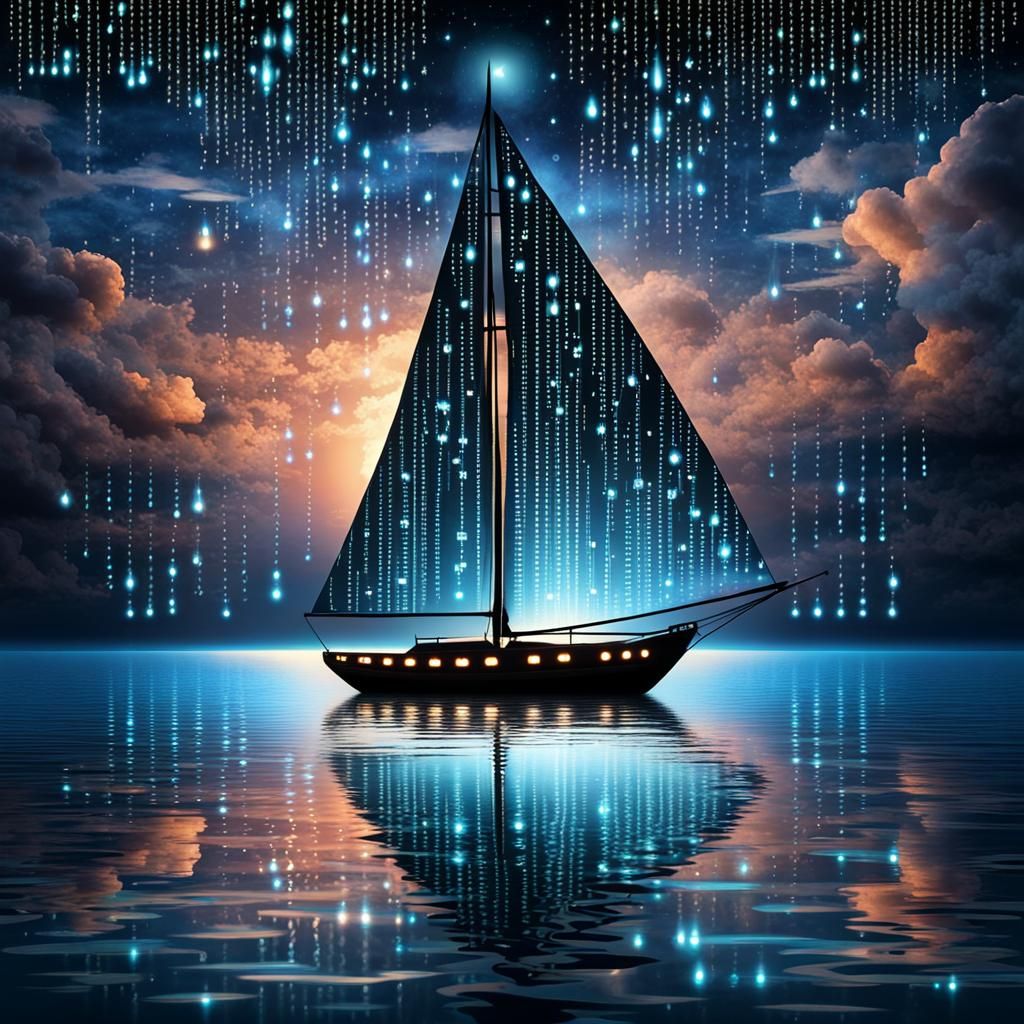Glowing Binary Code Dream Sailboat in Night Sky