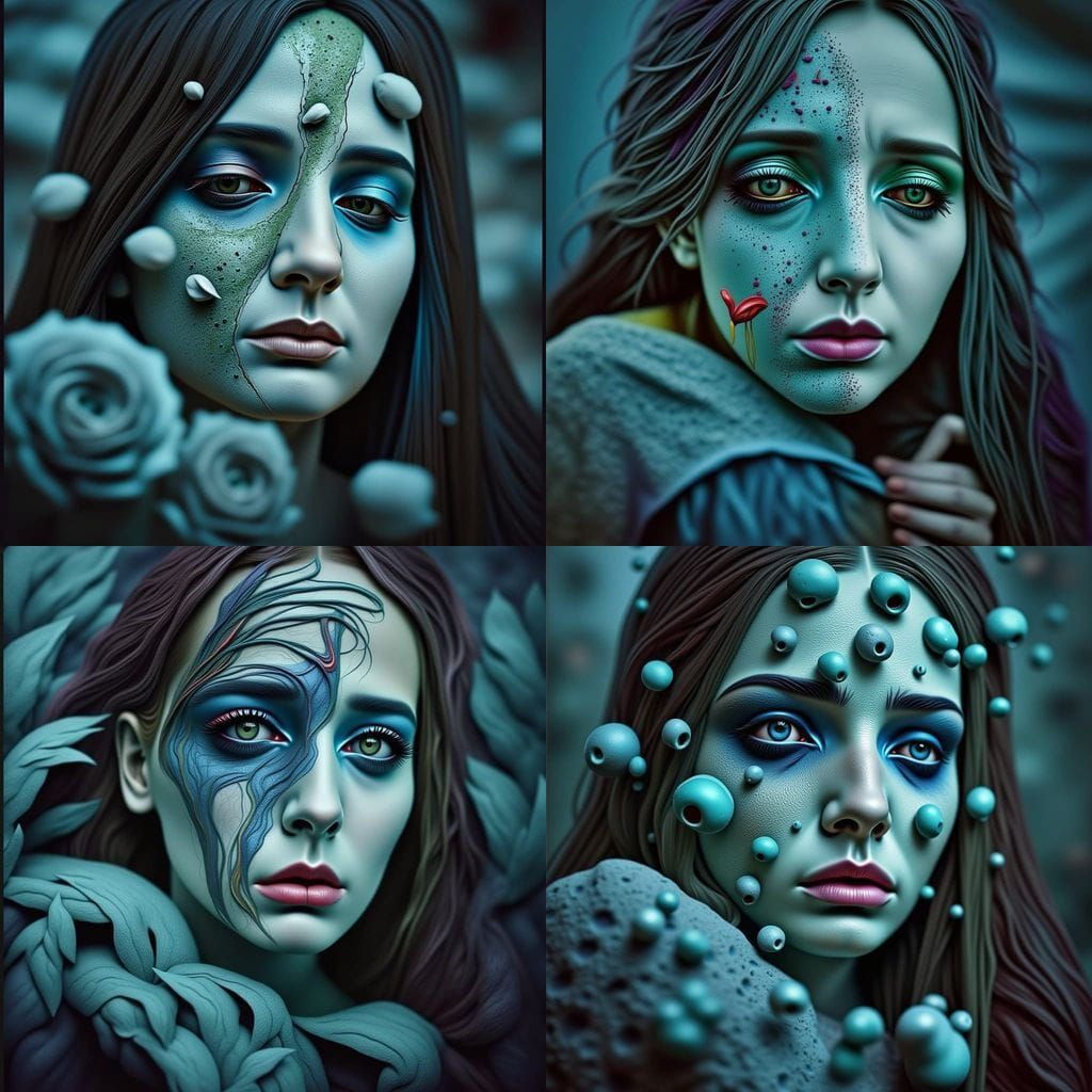 Dramatic Grieving Figure Painting Under Silver Sky