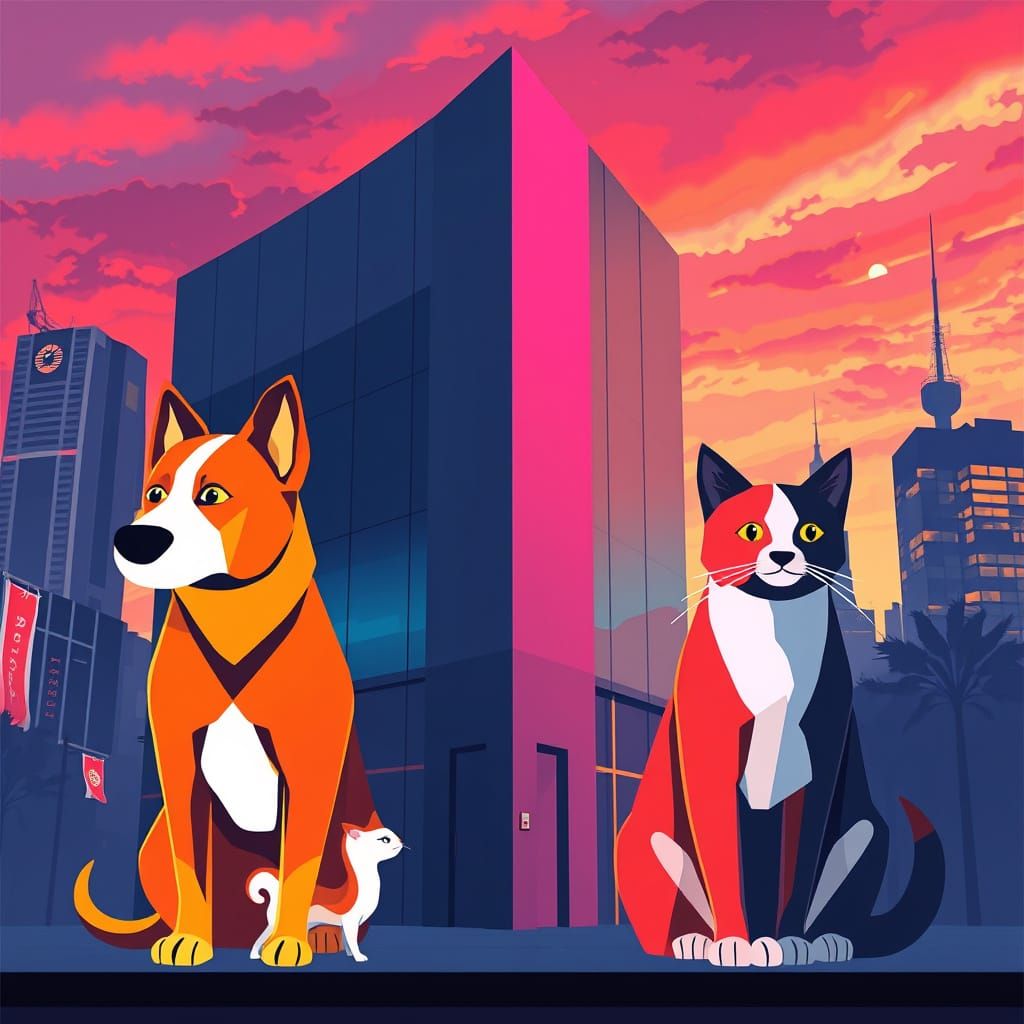 Neon Cityscape with Abstract Canine and Feline Silhouettes