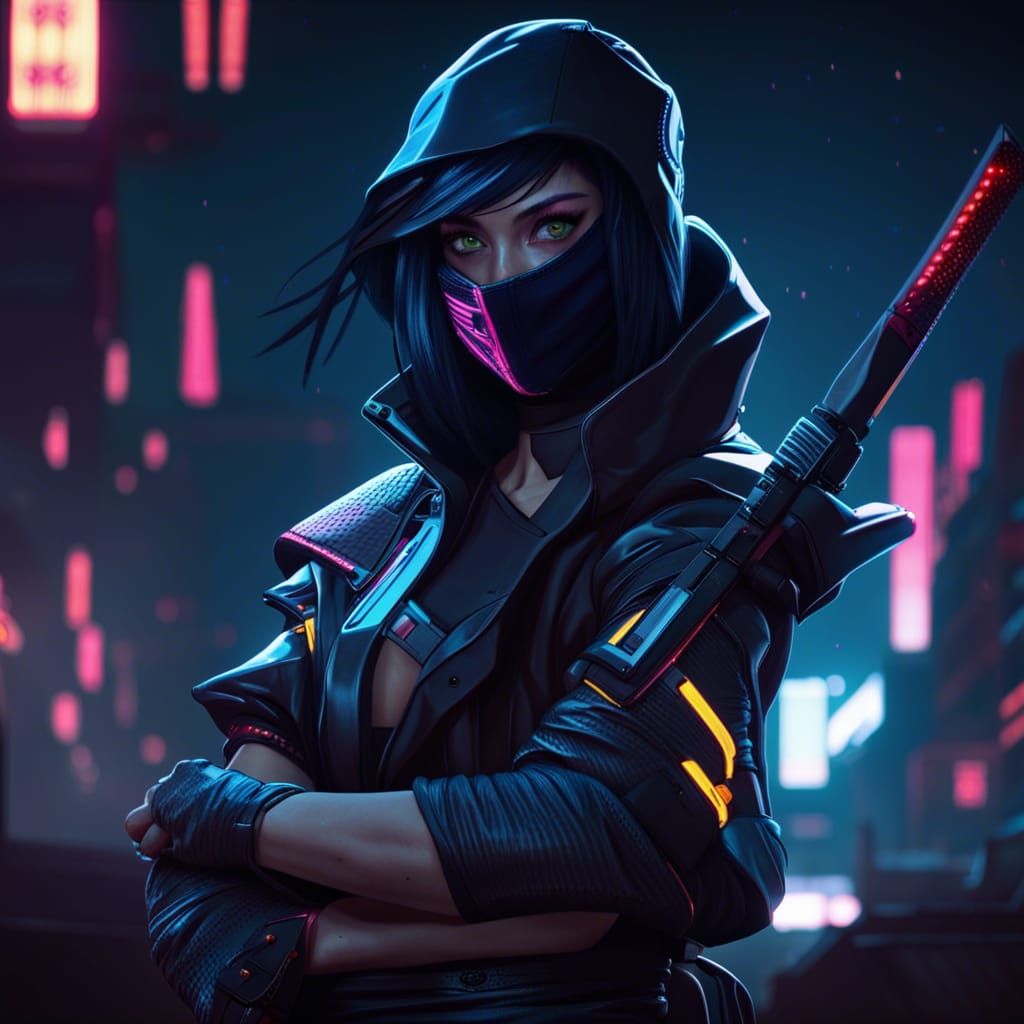 Beautiful Female Ninja in Cyberpunk Neon Night
