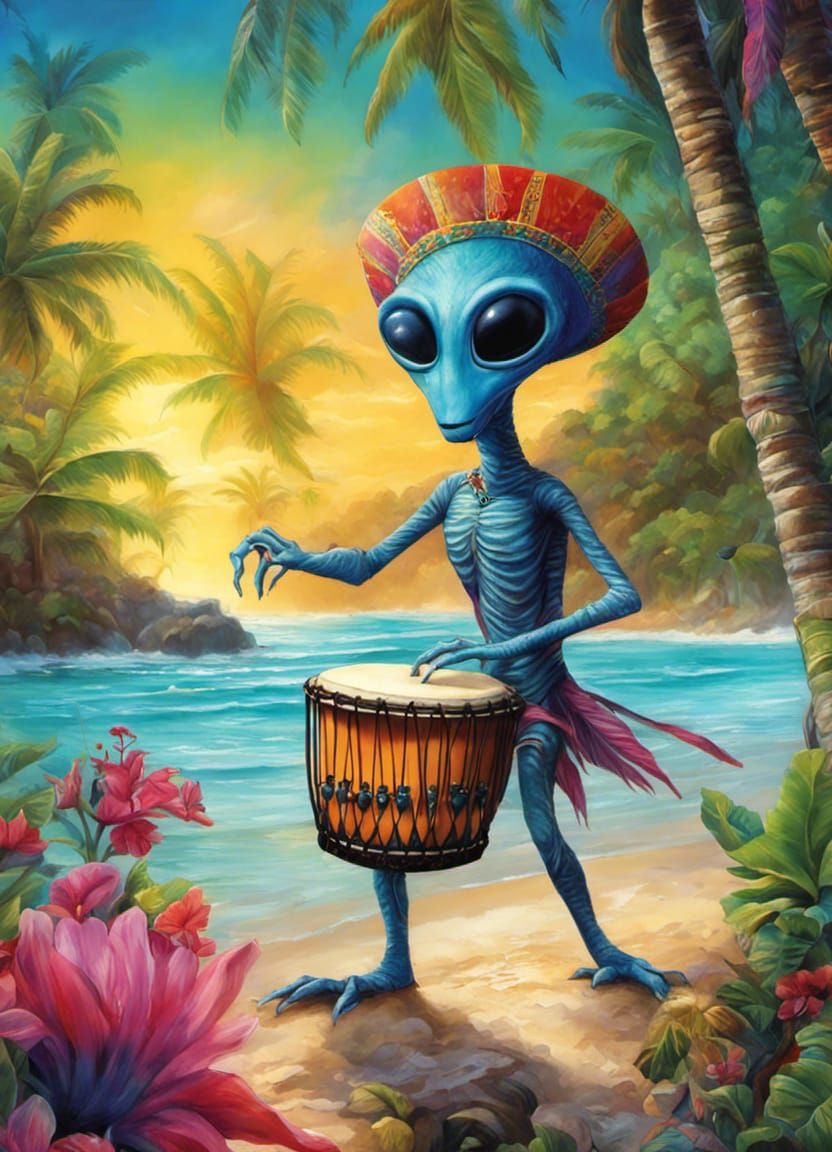 An alien playing the drum