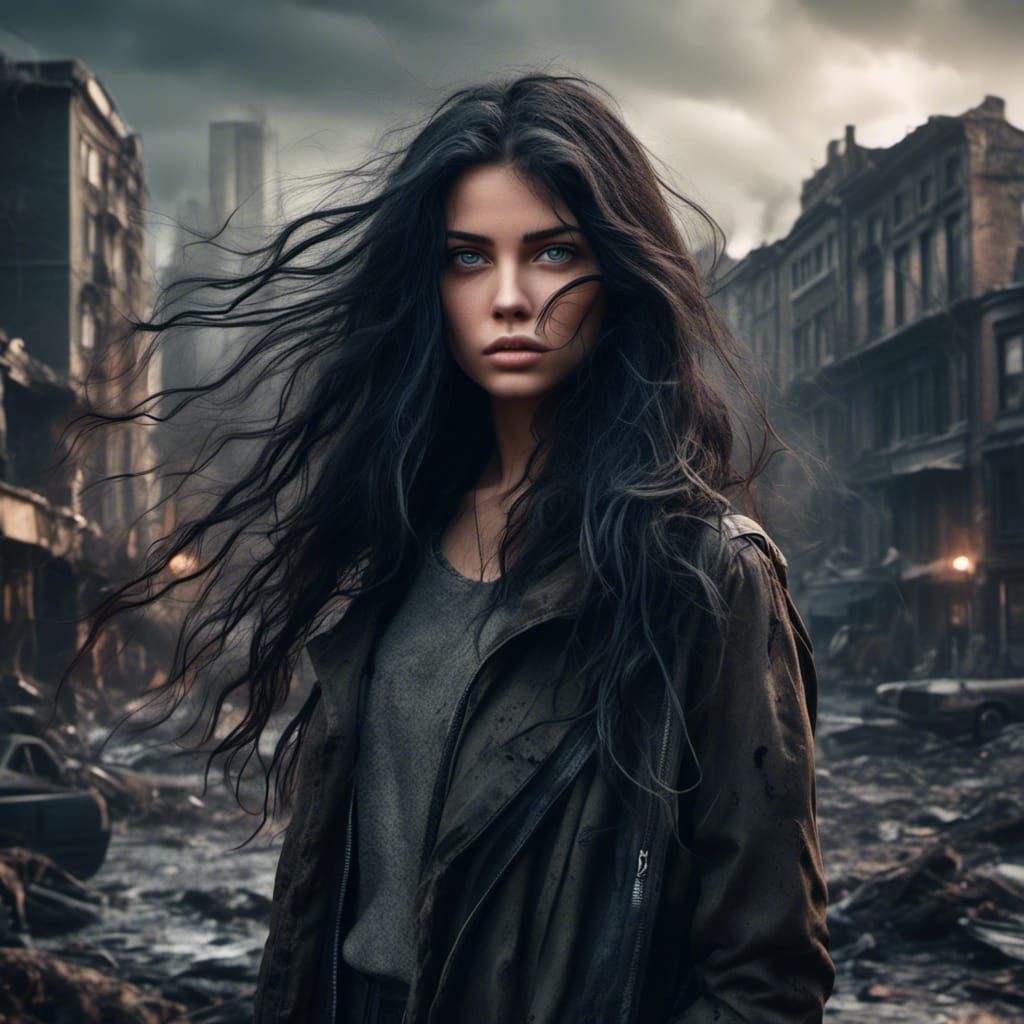 Lovecraftian Girl in Apocalyptic Cityscape, Hyperrealism