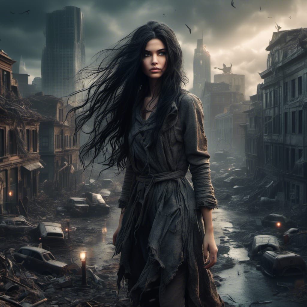 Lovecraftian Girl in Apocalyptic Cityscape