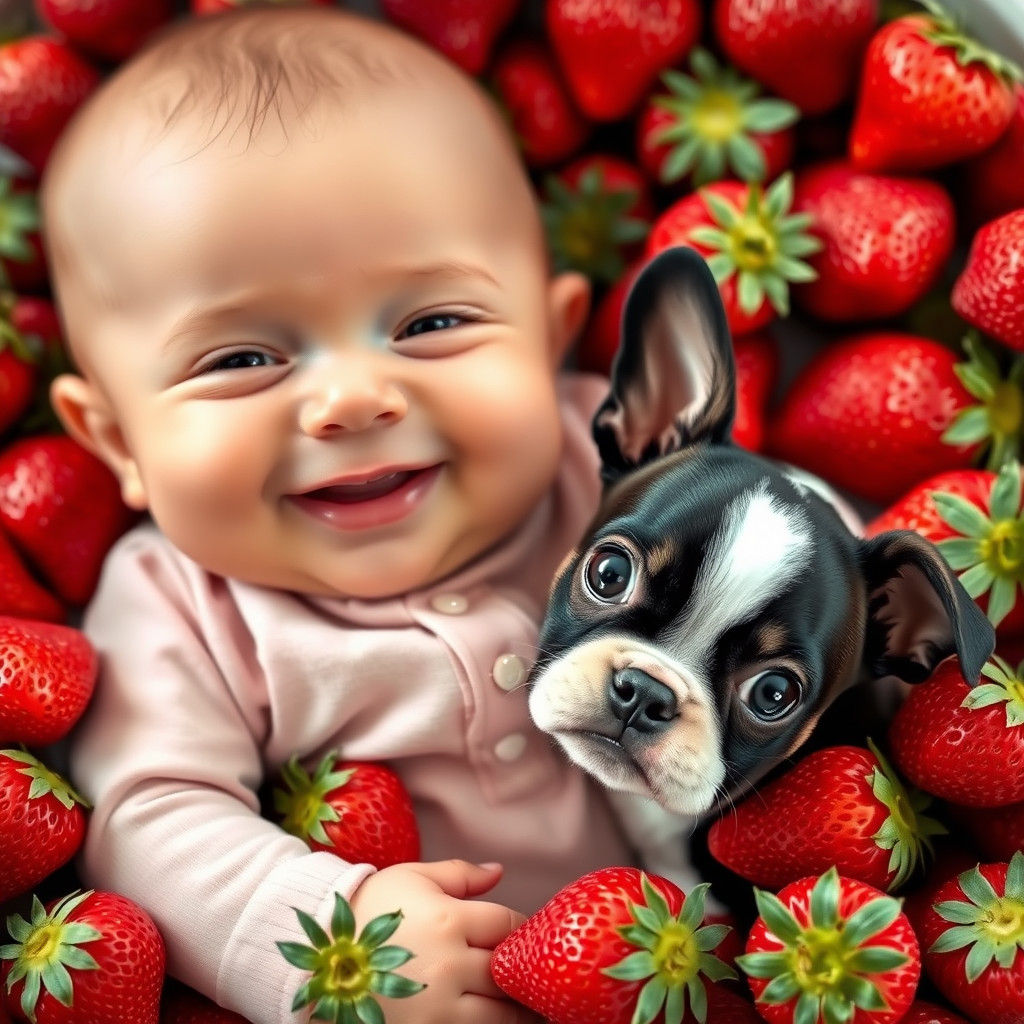 Baby and Boston Terrier Puppy in Strawberries