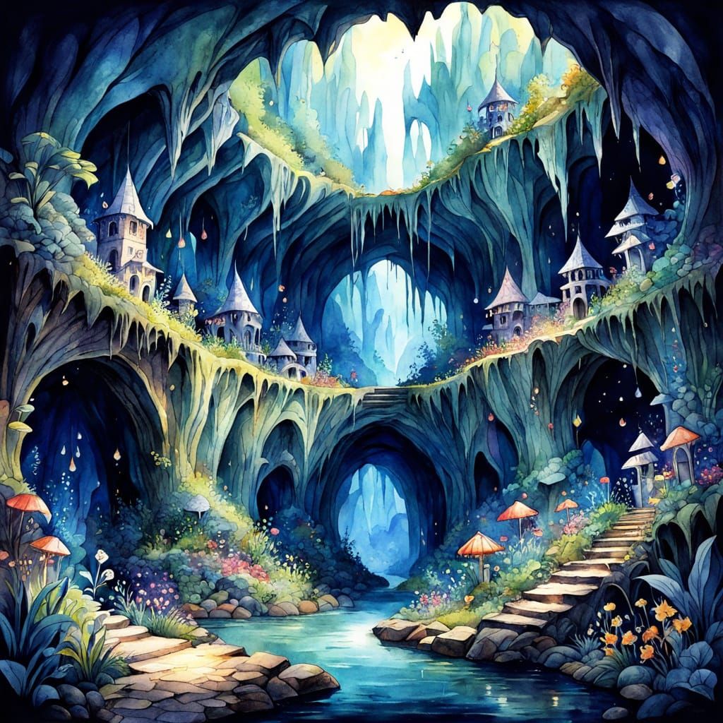 Whimsical Enchanted Cavern Watercolour Illustration