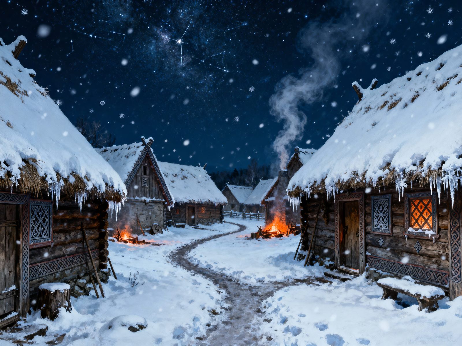 Norse Village in Winter Snowfall Under Starry Night