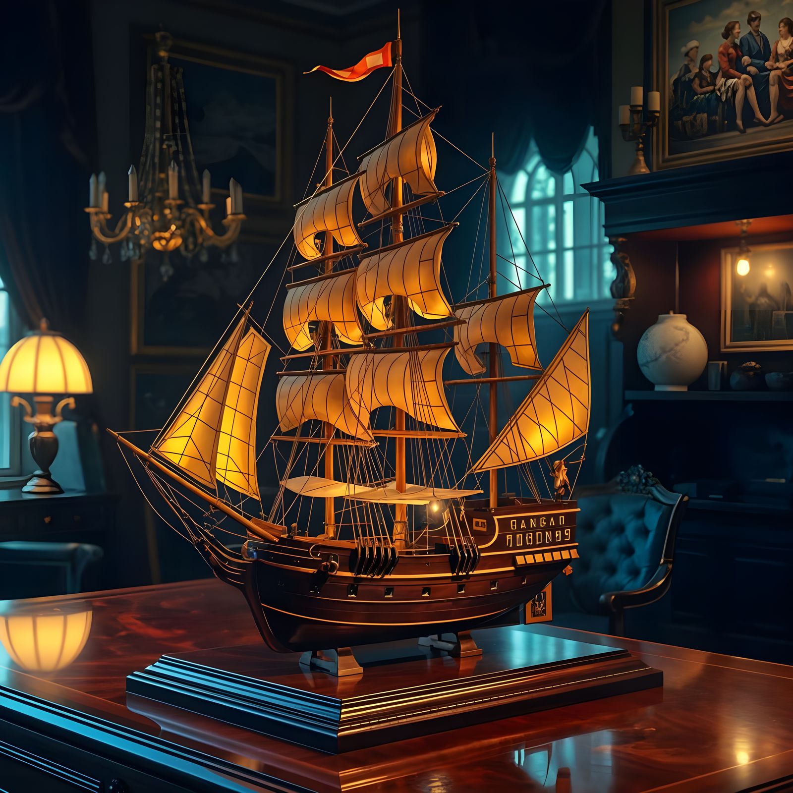 18th Century Sailing Ship Illuminated Model in Elegant Offic...