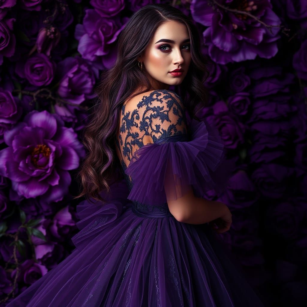 Purple Haute Couture Gown in Floral Setting