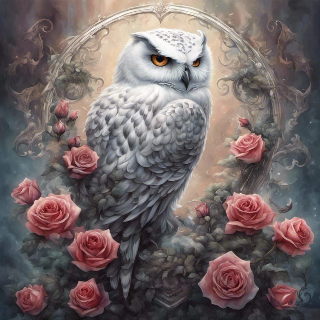 Symmetrical Snowy Owl with Roses in Vibrant Colors