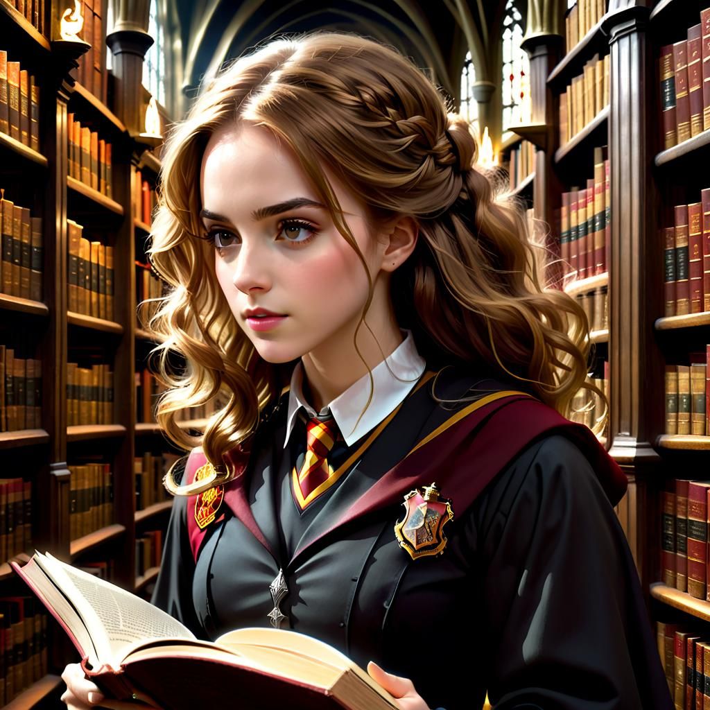 Hermione Granger with a Book in the Hogwarts Library